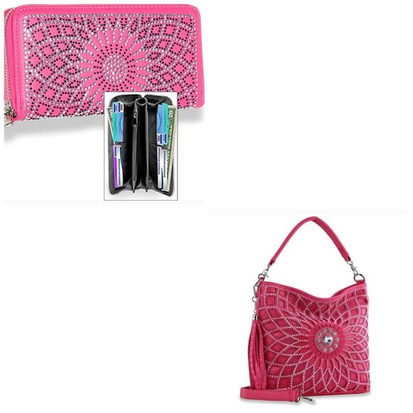 Fuchsia Boho Flower Sunburst Rhinestone Hobo Handbag & Matching Wallet Set - Picture 1 of 11